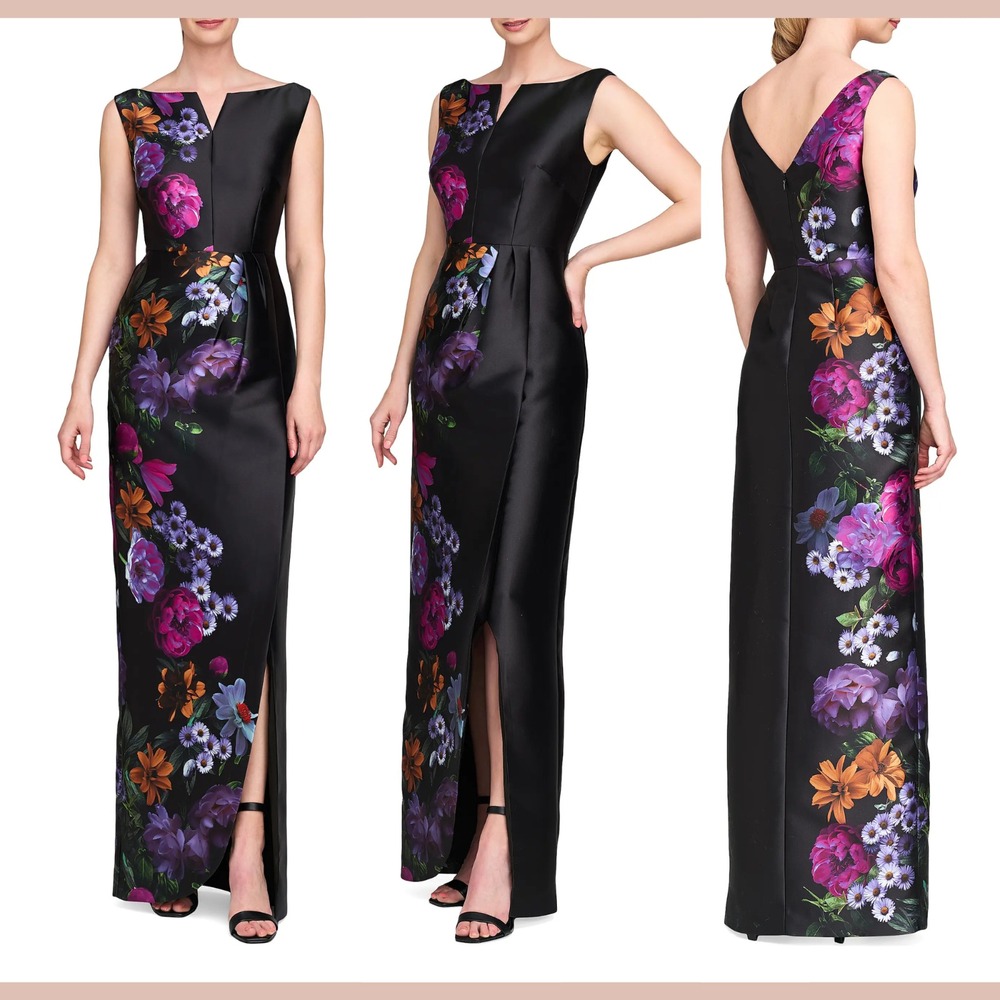 NEW‎ $338 Kay Unger [ SZ 6 ] Helene Peony Bouquet Column Gown Black Raven S2052